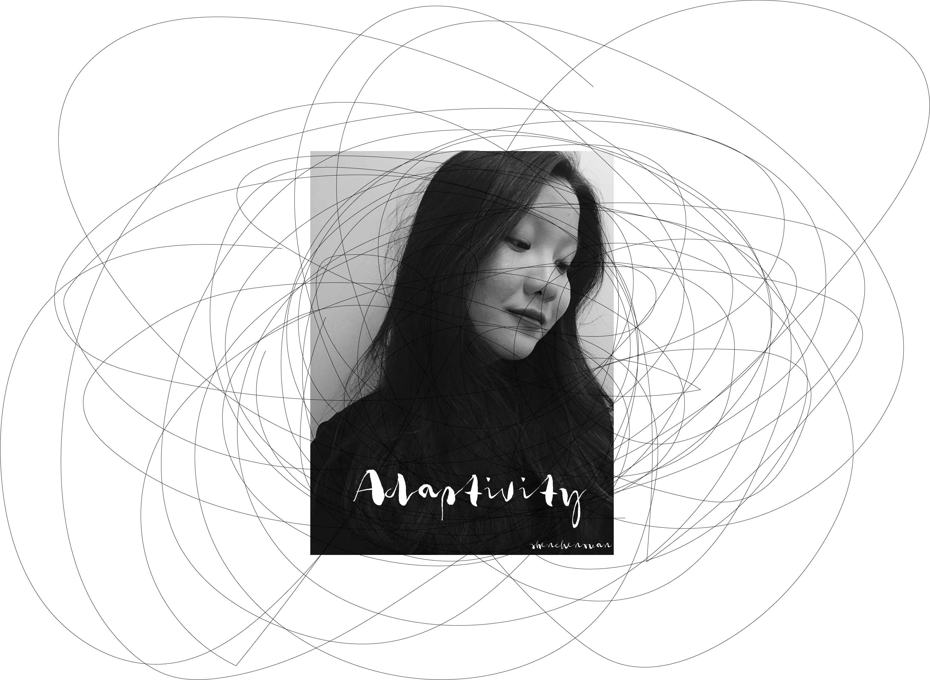 My early self-portrait: thin, tangled circles surrounding me, with the handwritten word Adaptivity.