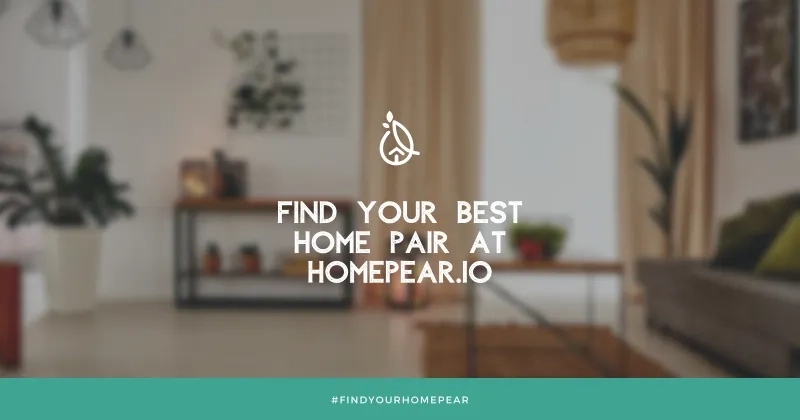 Original HomePear brand creative: find your best home pair at homepear.io, over an interior photograph.