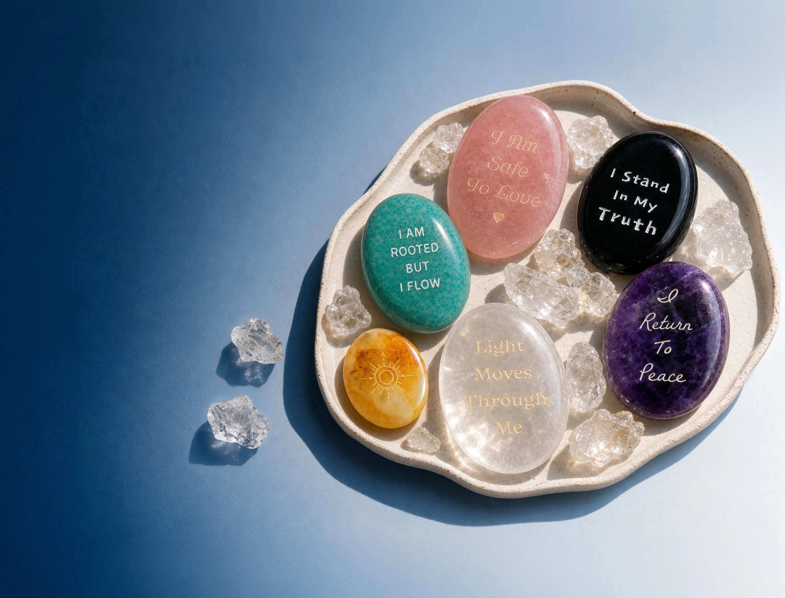 Six engraved lyra kova palm stones arranged on a ceramic tray, in directional light.